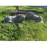 PAIR OF MOULDED STONE RECUMBENT LIONS