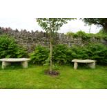 PAIR OF MOULDED STONE GARDEN BENCHES