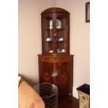 MAHOGANY & MARQUETRY BOW FRONT CORNER CABINET