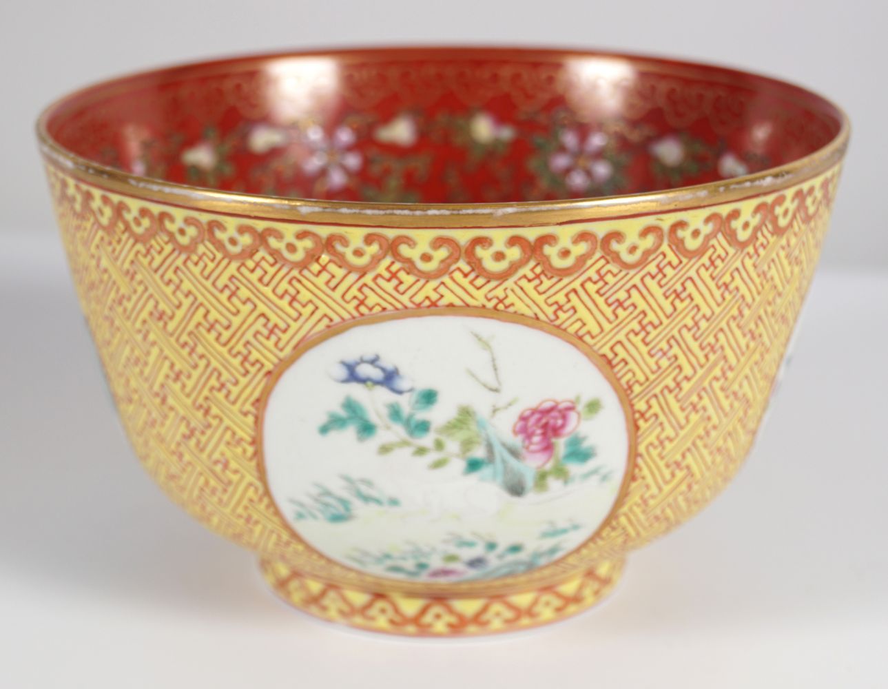 CHINESE FAMILLE ROSE COCKEREL AND DORMOUSE BOWL