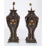 PAIR OF BRASS AND POLYCHROME TABLE LAMPS