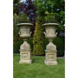 PAIR LARGE ITALIANATE STONE GARDEN URNS