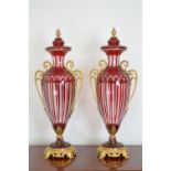 PAIR OF RUBY OVERLAID GLASS VASES
