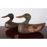 TWO CARVED WOOD DECOY DUCKS