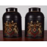 PAIR OF ARMORIAL TOLEWARE CANISTERS