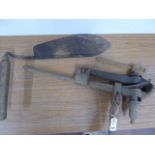 Vintage iron blacksmith's post leg vice & sileage knife