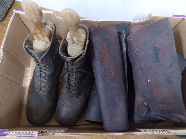 Vintage leather work boots with wooden trees, leather chaps, WWII gas mask, - Bild 2 aus 5