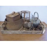 Vintage potato crate, rusty cast iron cookpot, Shell petrol can, flat irons etc.