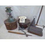 Vintage 'Ewbank Conquest' carpet sweeper, ivory colour GPO telephone, tilly lamp, mincer,
