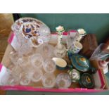 Glass and china - decanters, Wade lustre teaset, Masons chartreuse candlesticks etc.