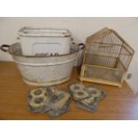 Enamel bread bin (no lid), tub and birdcage, tin numbers etc.