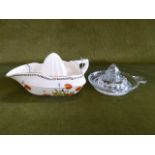 Crown Ducal poppy pattern lemon squeezer and a glass juicer (2)