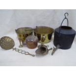 Steel handled brass jam pans, copper kettle, cast iron urn etc.