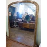 Large 19thC gilt gesso bead and ribbon arch top overmantel mirror (approx 75" tall x 66" wide)