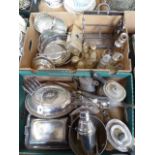 Silver plated teapots, tureens, tantalus, candlesticks etc.