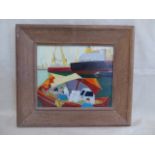 Oil on board cubist dockland scene - indistinct signature verso - in oak frame (26"x 23")