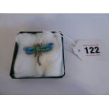 Enamelled sterling silver dragonfly brooch - Charles Horner (3cm long)