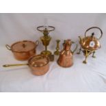 Copper and brass pans, Spirit kettle jug etc.