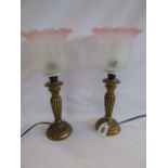 Pair brass effect table lamps with glass shades