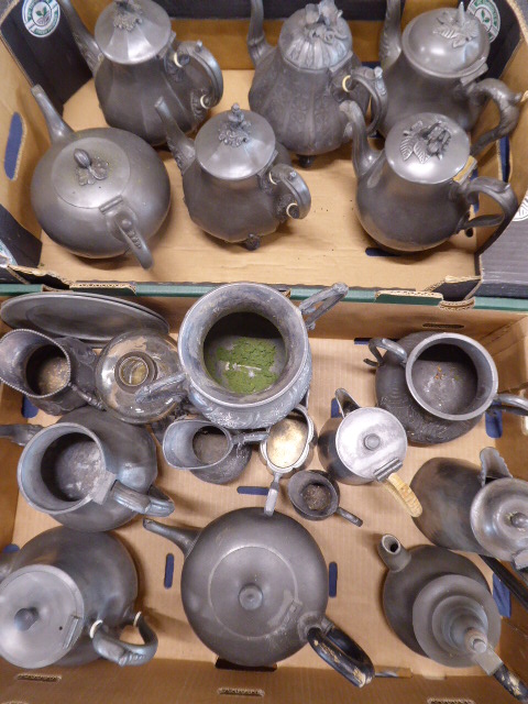 19thC pewter teapots, jugs, plates etc.