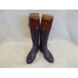 Pair black and red leather gents horse riding boots and wooden trees