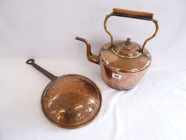 19thC steel handled copper colander and copper kettle (2)
