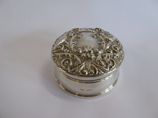 Circular silver top velvet lined ring box - B'ham 1983