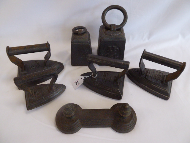 14lb and 7lb cast iron weights, flat irons etc.