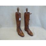 Pair tan leather military style lace-up equestrian riding boots with wooden trees - Maxwell,