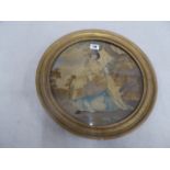 19thC circular gilt framed embroidered silk picture of lady collecting wheat (14"dia)