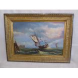 Oil on canvas - ships entering harbour - monogram TBH - relined in gilt frame (45"x 33")