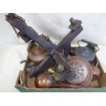 Copper kettles, ladle, brass serpent candlesticks, carved oak tudor style chandelier etc.