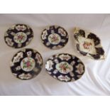 19thC porcelain floral spray panel oval dish and bowls (1 has stapled repair) and a similar oval