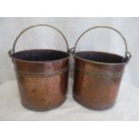 Pair 19thC brass handled zinc lined copper coal buckets