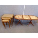 Mahogany leather inset nest of 3 tables and oval coffee table