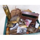 Collection of military related items - shell case badges, powder flasks, sheath knife,