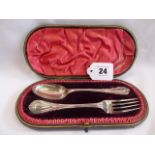 Leather cased silver fork and spoon - Sheffield 1900