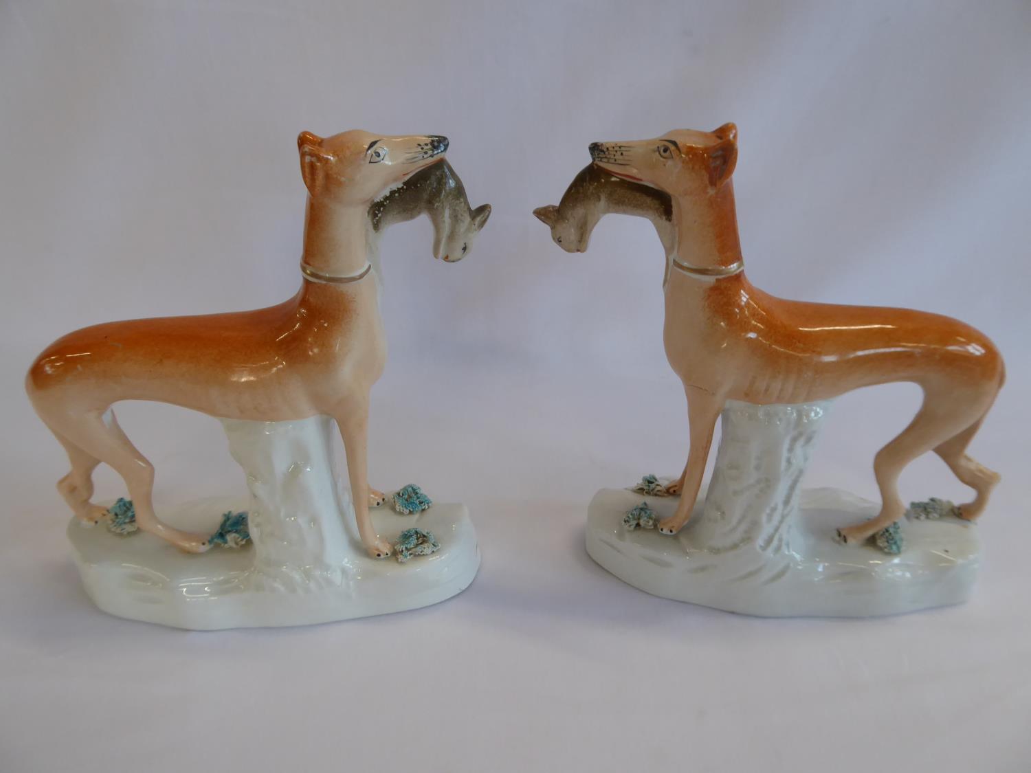 Pair 19thC Staffordshire coursing hound and hare figures - Image 2 of 2