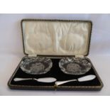 Cased cut glass butter dishes with silver knives - Sheffield 1918