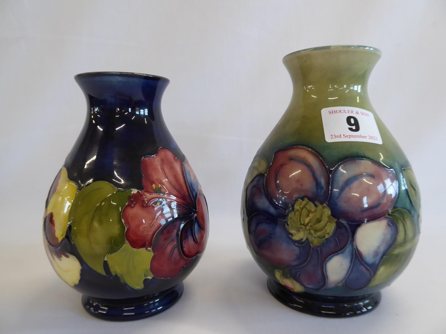 Moorcroft clematis and hibiscus vases (15cm x 13cm tall) (2)