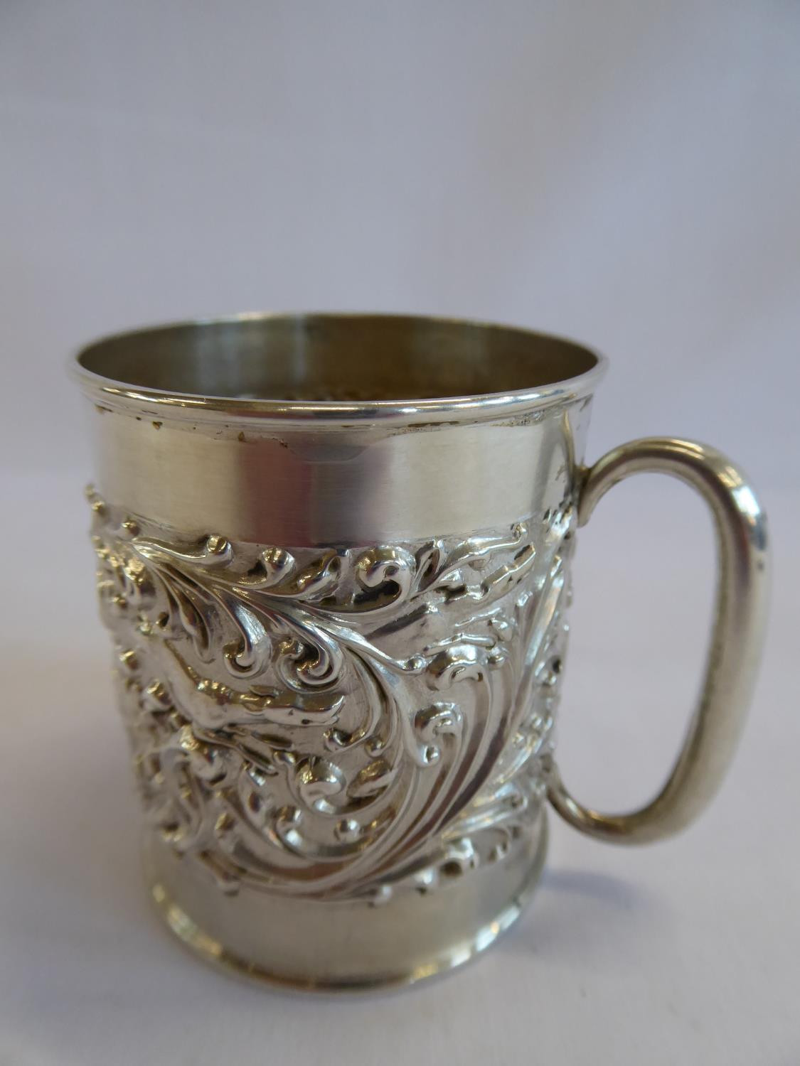 Small repousse silver tankard with boar hunt scene - B'ham 1906