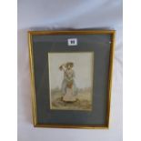 Silk needlework picture of 19thC lady with rake and flower basket