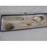 Pair silver cut glass handled salad servers - B'ham 1884