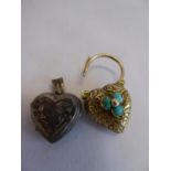 Gold? turquoise heart shaped fob and a silver locket (2)