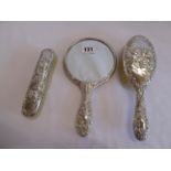 Repousse silver cherub pattern mirror and brush set - B'ham 1958