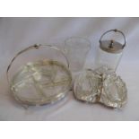 Walker and Hall silver plated glass hors d'ouvres dish, frosted glass ice bucket,