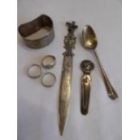 Sundry silver items - rings, napkin ring, paper knife etc.