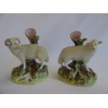 Pair 19thC Staffordshire ram and sheep spill vases