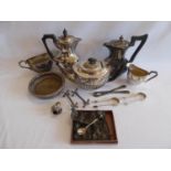 Silver plated tea set, coffee pots, bottle, coaster etc.