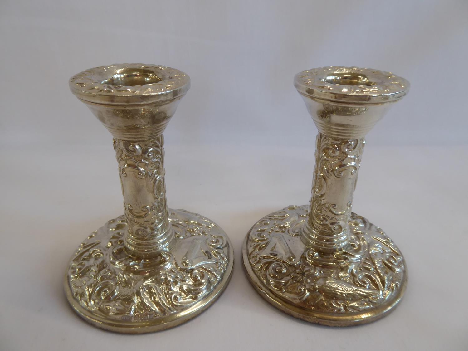 Pair repousse silver candlesticks - B'ham 1971 (4" tall)